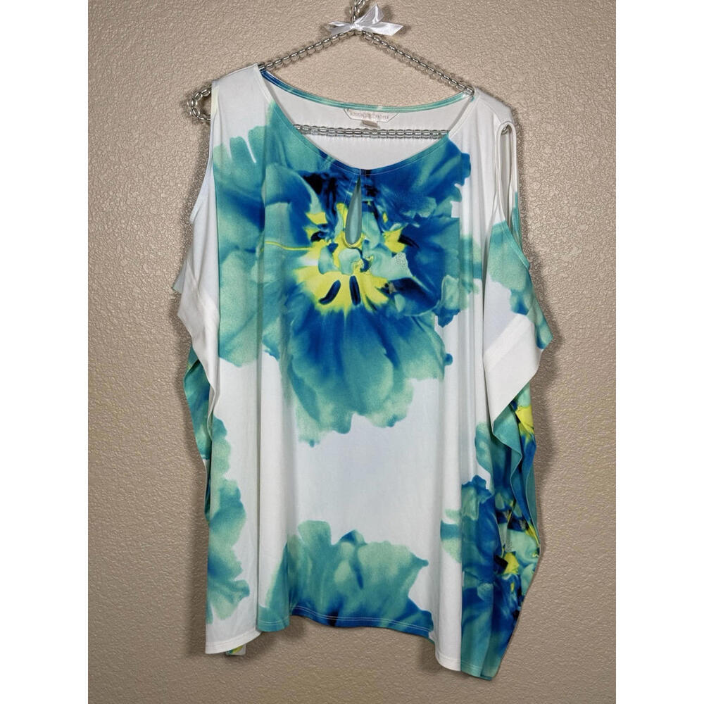 Boston Proper Off-white With Blue Floral  Pattern Kimono Boxy Shape Blouse Small